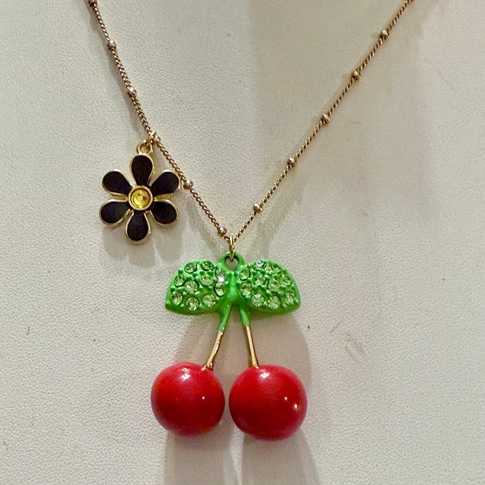 Betsey Johnson Vintage Red Cherries Black Daisy Necklace - Picture 10 of 10
